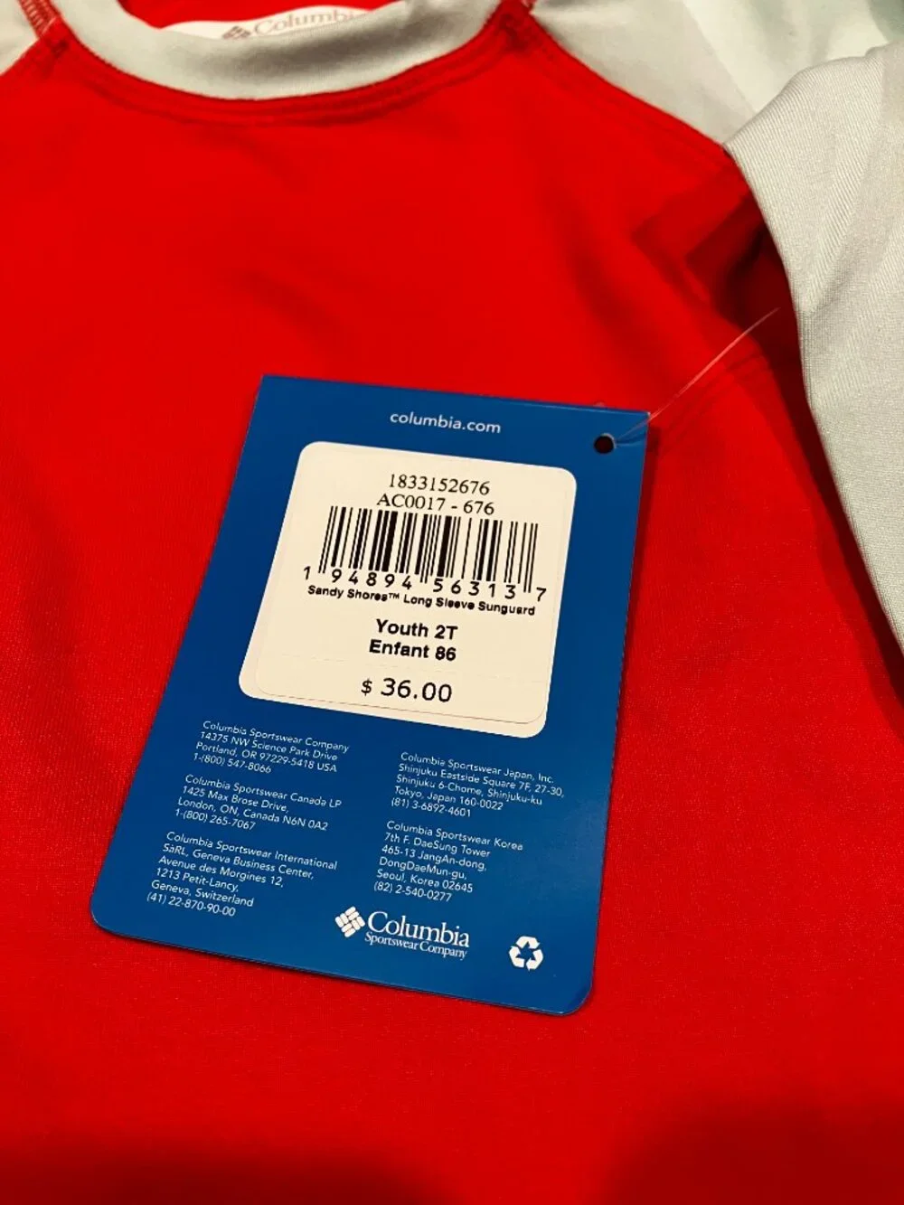NWT Columbia Long Sleeve Kids Sunguard Size 2T Brand New with tags